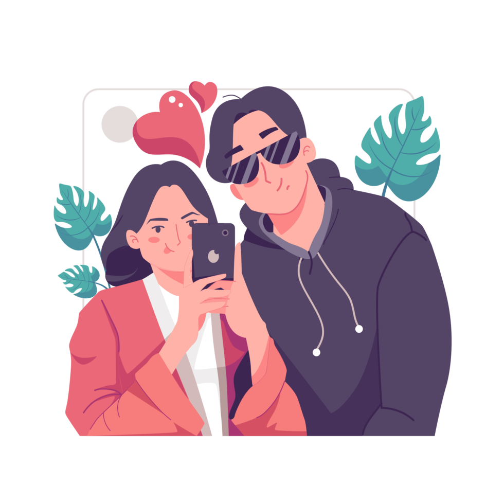 Romantic lovers are taking selfie with great passion. Happy young couple portrait. Valentine's Day and Happy Anniversary concept. png