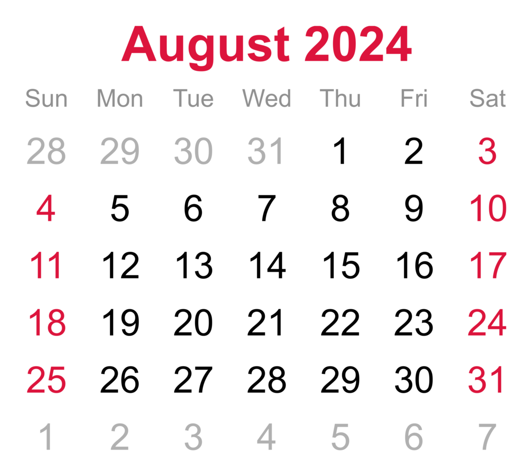 calendario mensual de agosto de 2024 sobre fondo transparente png