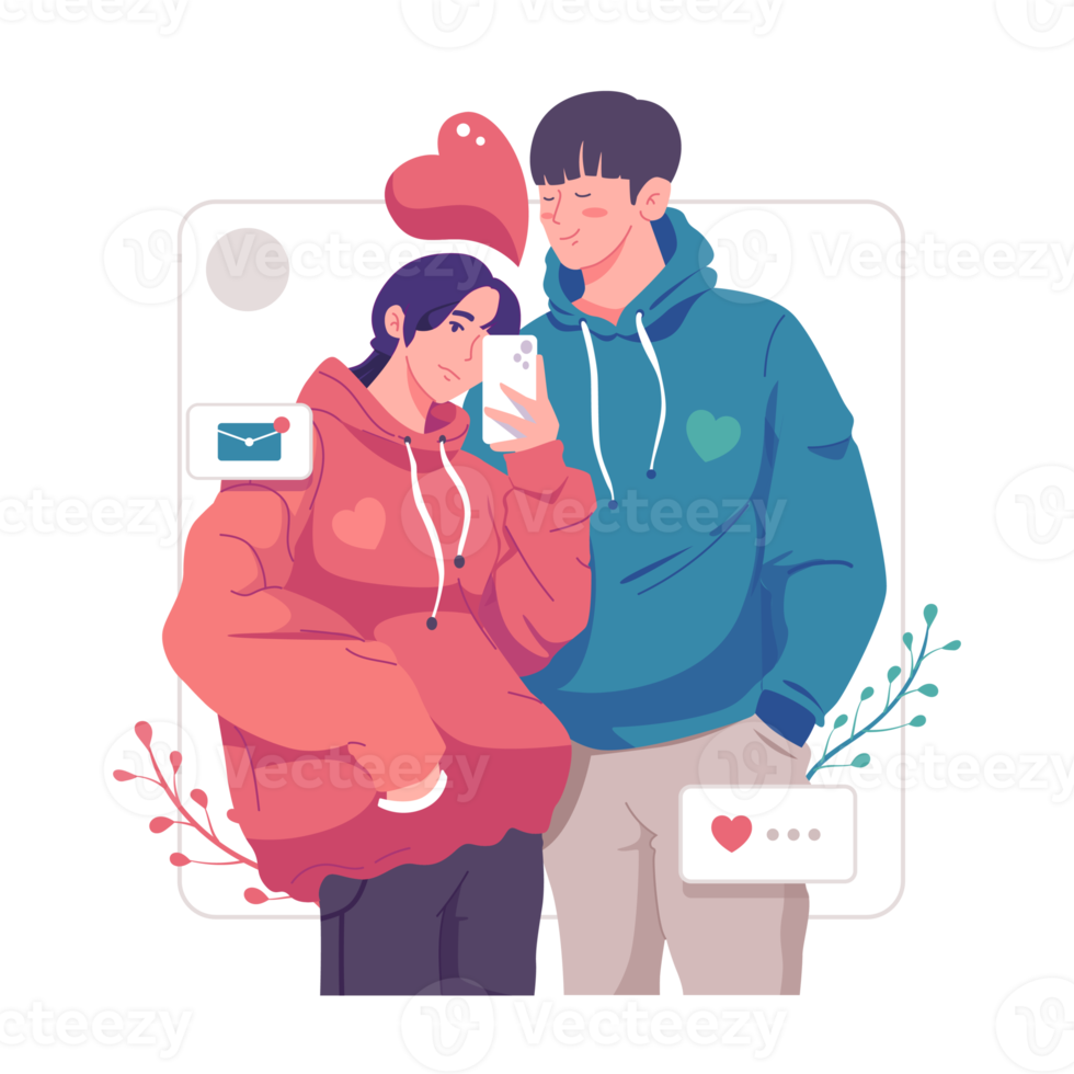 Romantic lovers are taking selfie with happiness. Happy young couple portrait. Valentine's Day and Happy Anniversary concept. png