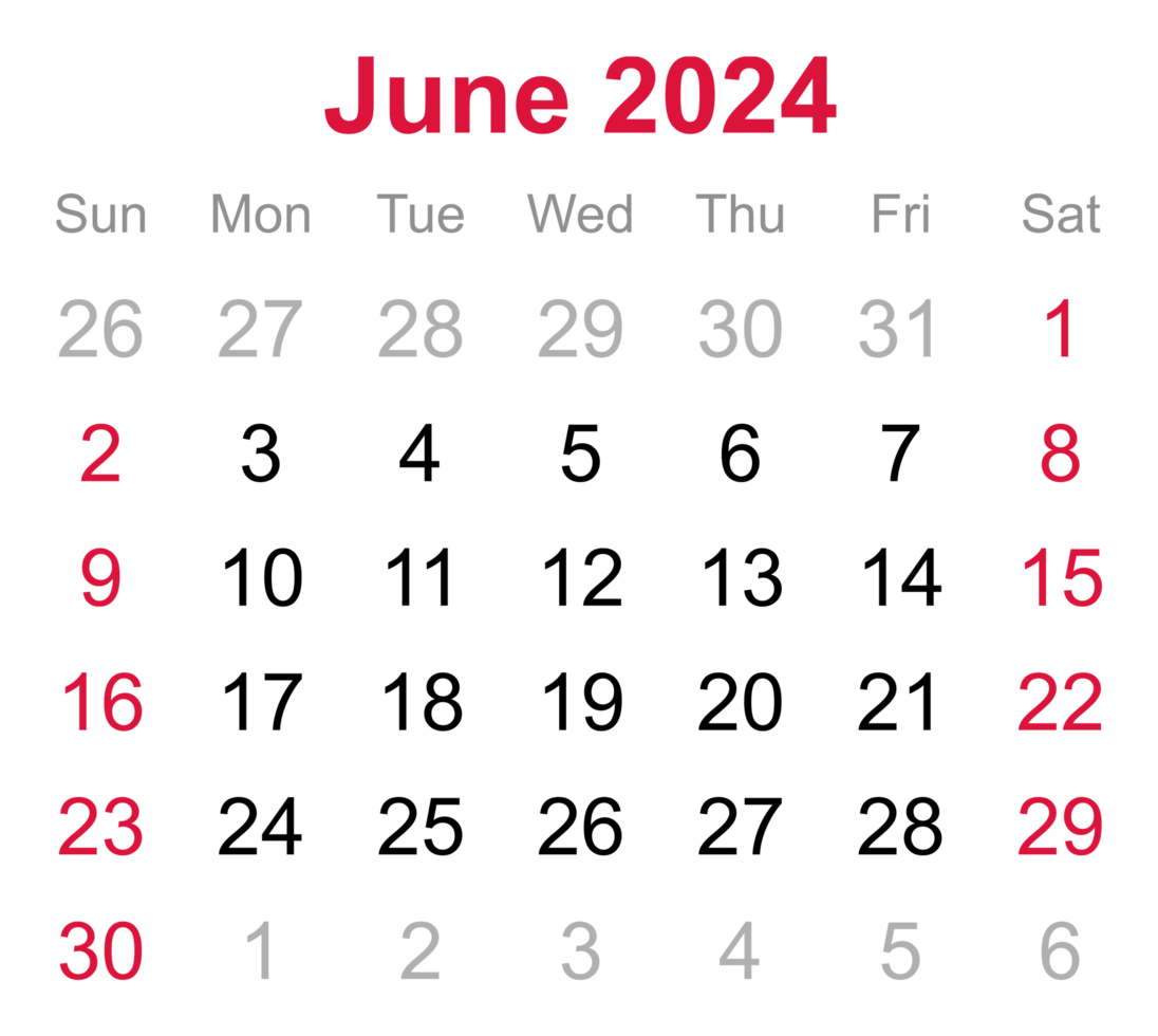 Monthly calendar of June 2024 on transparent background png