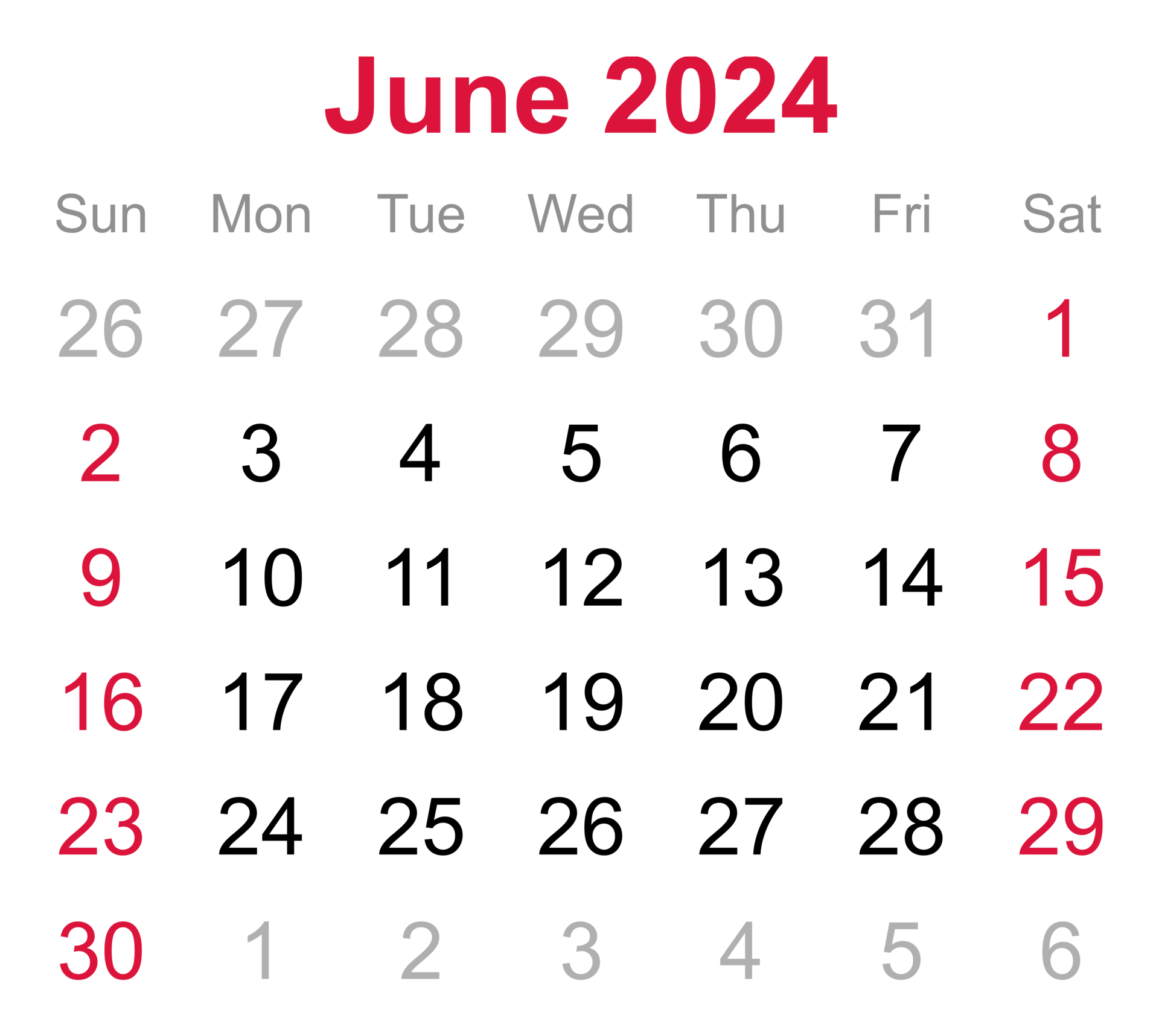 Monthly calendar of June 2024 on transparent background 18745752 PNG