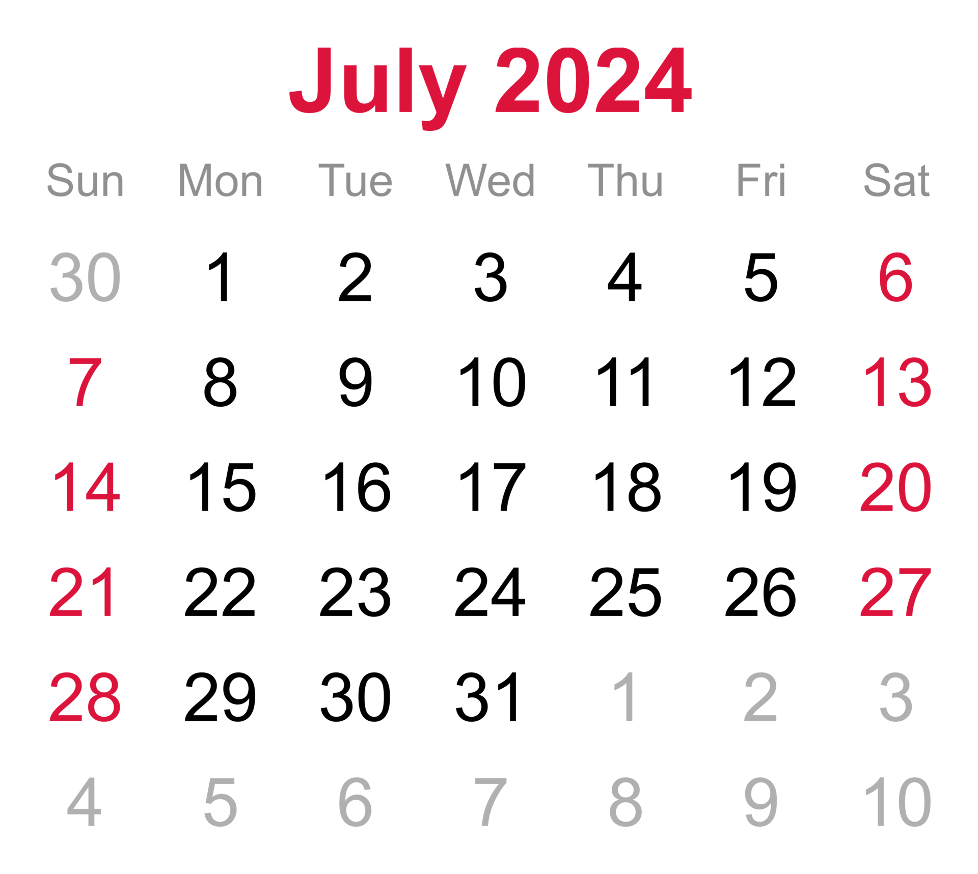 Monthly calendar of July 2024 on transparent background 18745754 PNG