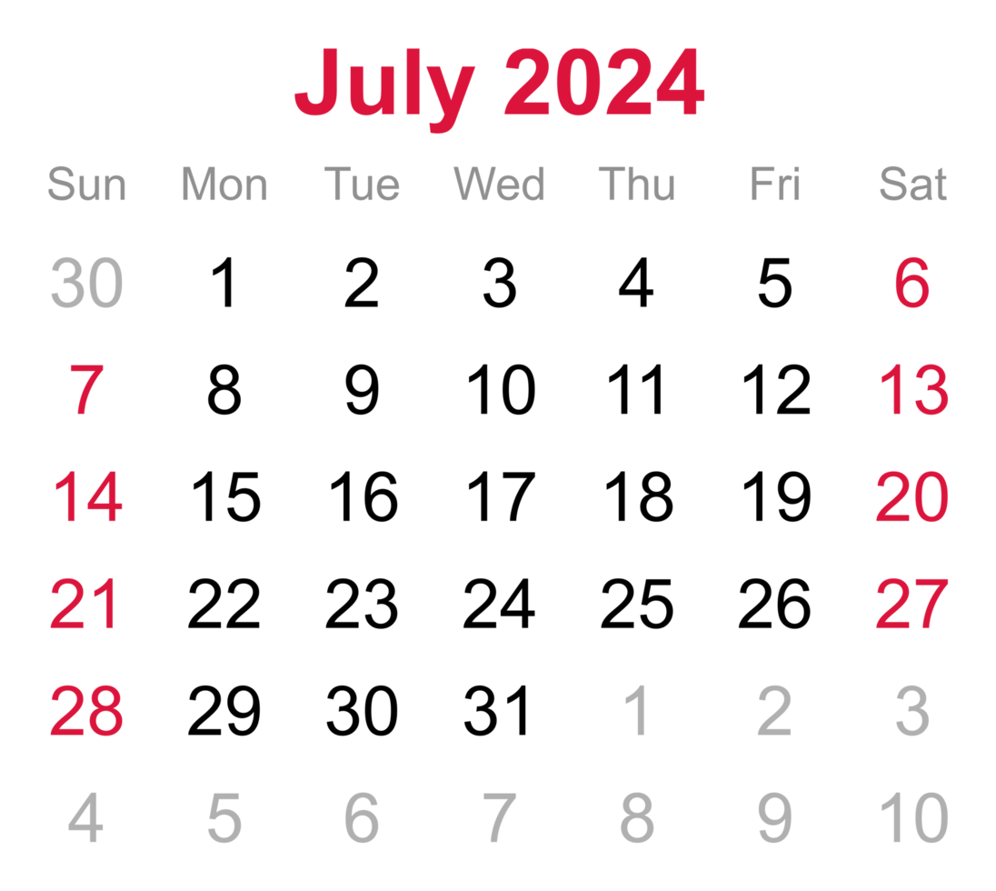 Monthly calendar of July 2024 on transparent background png