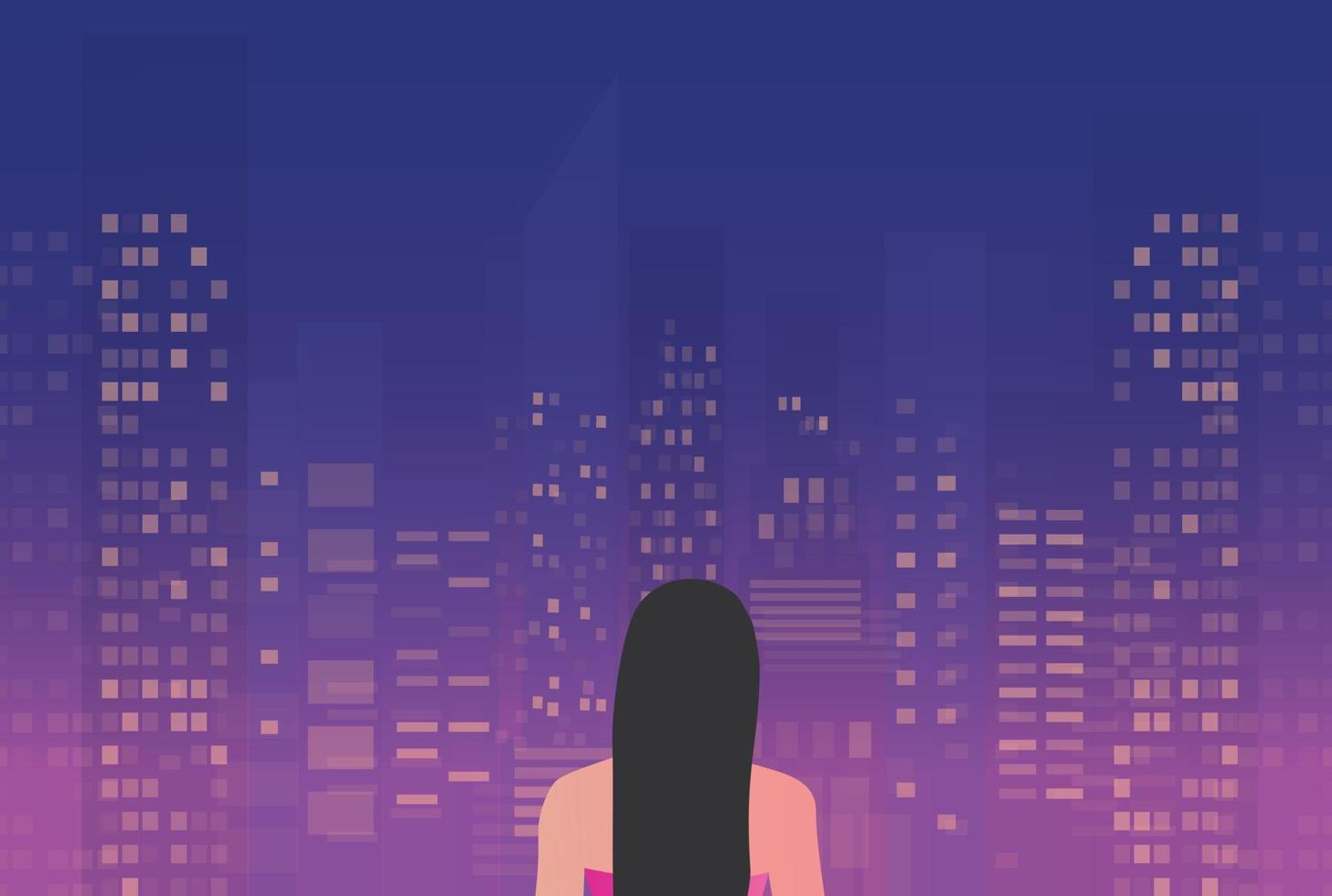 woman standing with her back looking at night city building vector illustration