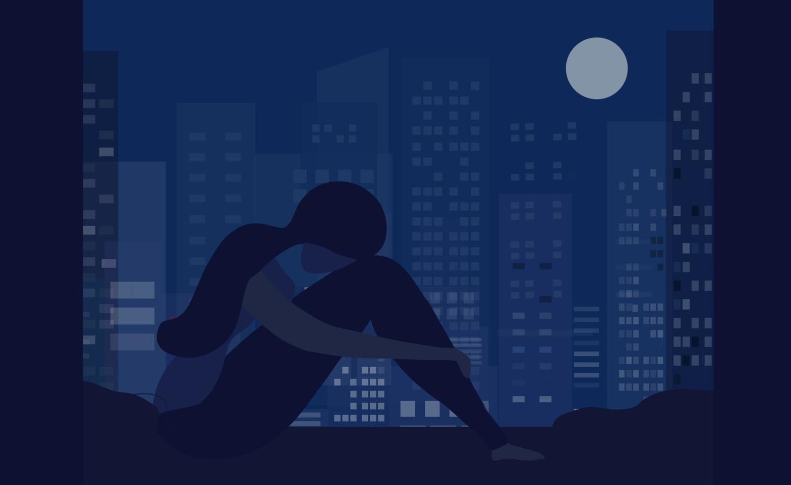 Insomnia woman sitting on bed at night vector illustration. Sleepless woman suffering from insomnia and depression concept