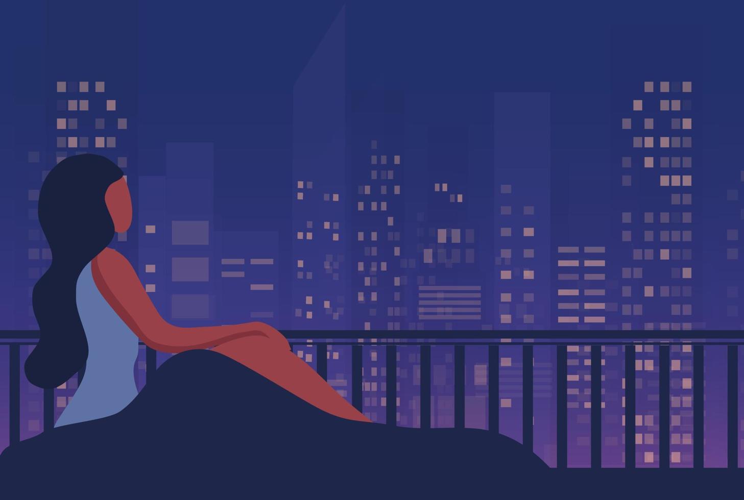 Insomnia woman sitting on bed at night vector illustration. Sleepless woman suffering from insomnia and depression concept