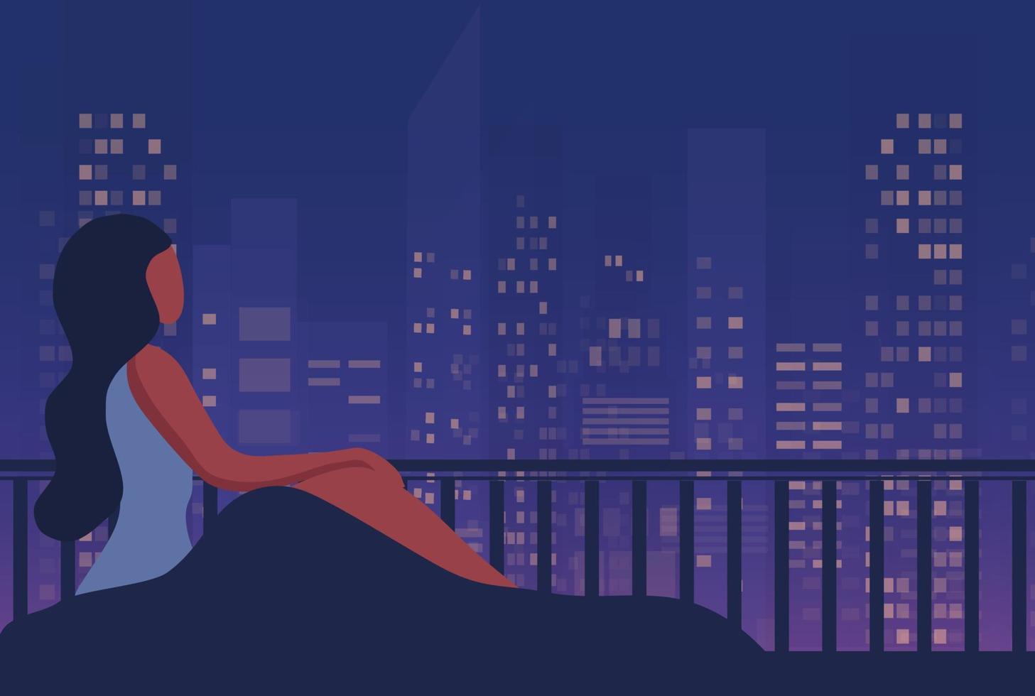 mujer insomnia sentada en la cama por la noche ilustración vectorial. mujer sin dormir que sufre de insomnio y depresión concepto vector