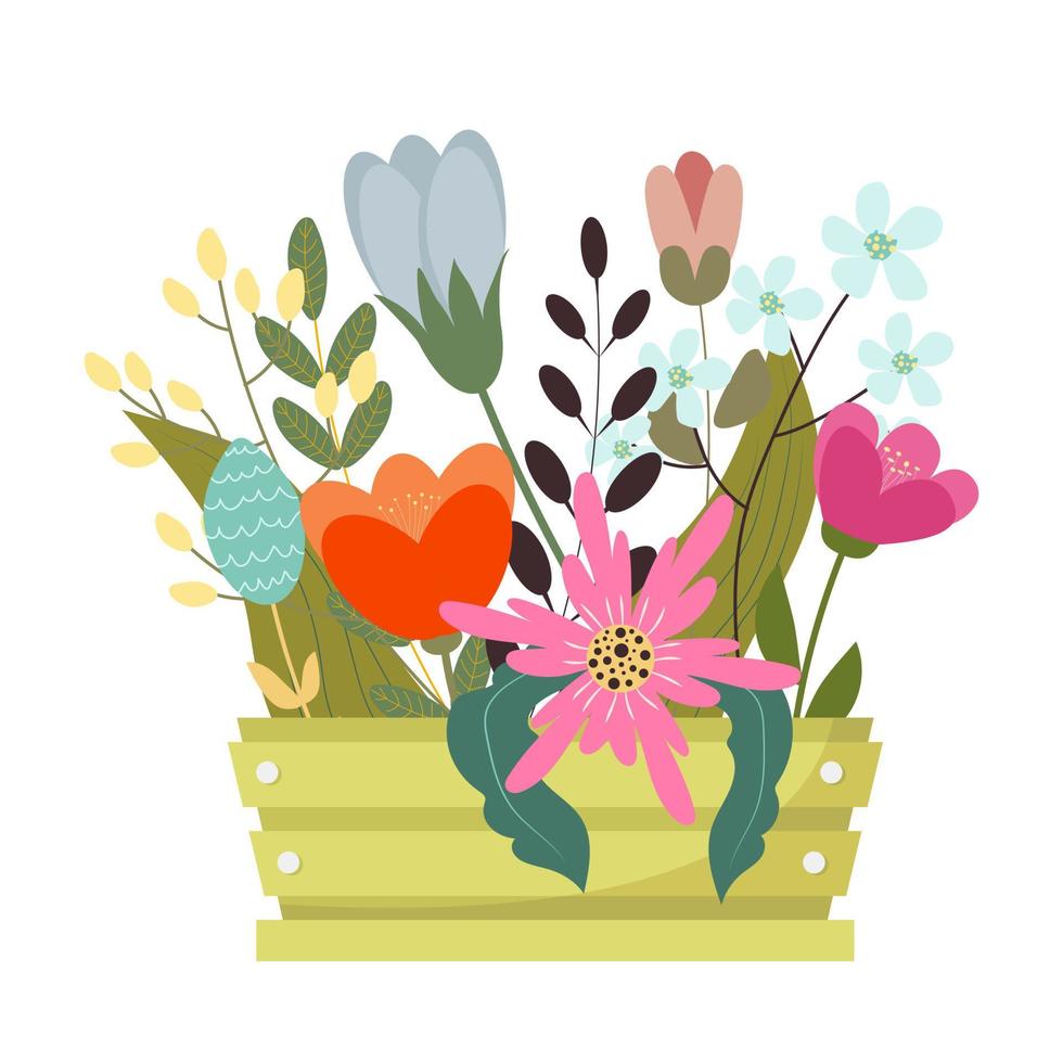 Spring flowers background. Flat design. Hand drawn trendy vector greeting card.