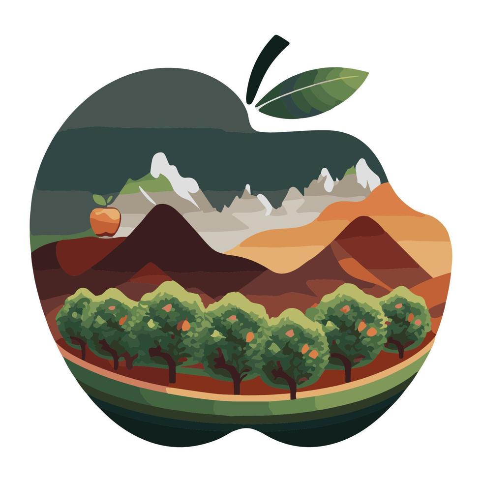 ilustración de paisaje plano de naturaleza en forma de manzana, ilustración de paisaje plano de forma de manzana vector