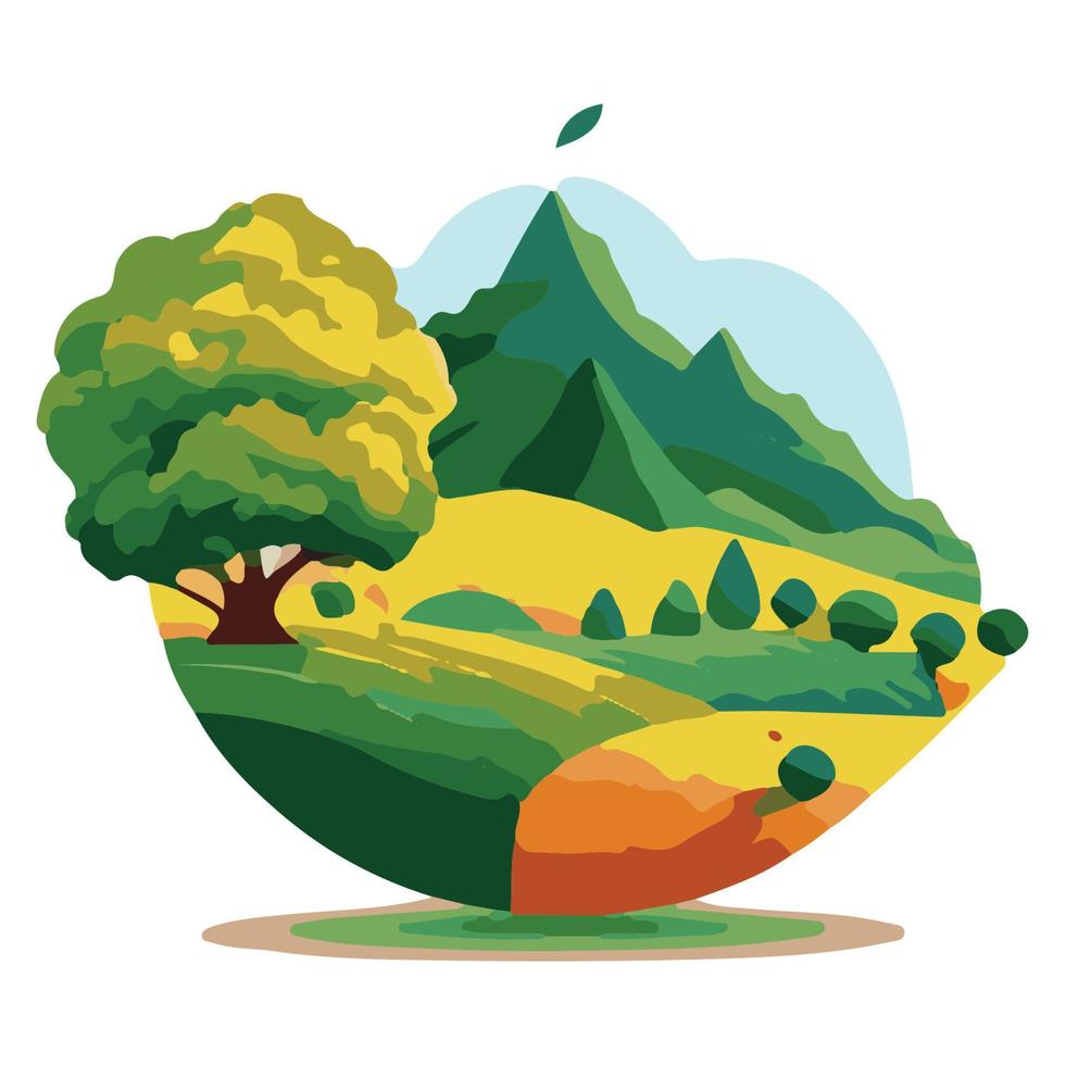 ilustración de paisaje plano de naturaleza en forma de manzana, ilustración de paisaje plano de forma de manzana vector