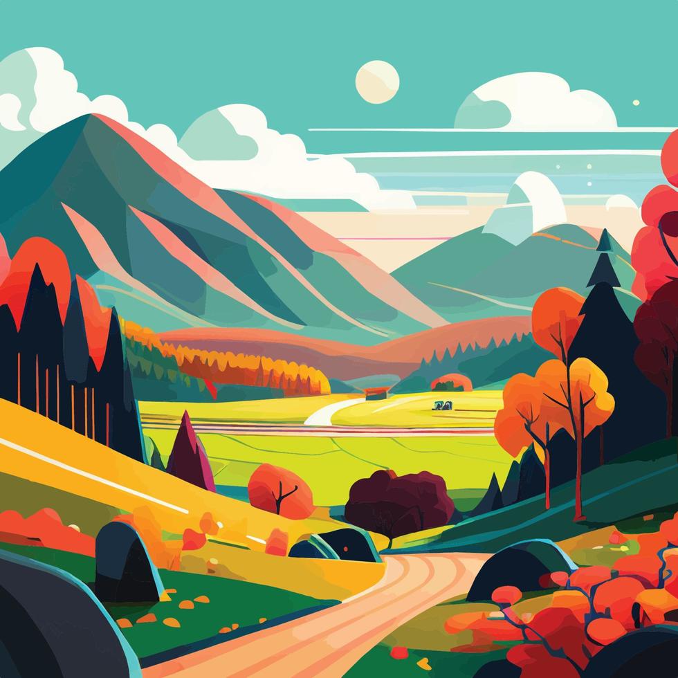 ilustración de paisaje plano de naturaleza en estilo de dibujos animados funky, ilustración plana de paisaje de naturaleza de estilo de dibujos animados funky colorido vector