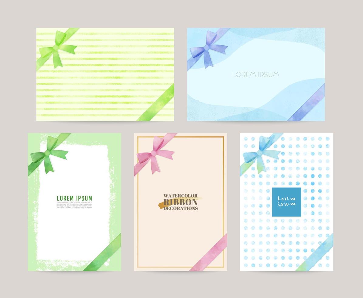 colorful watercolor card set with ribbon decoration. greetings, invitation, wedding vector