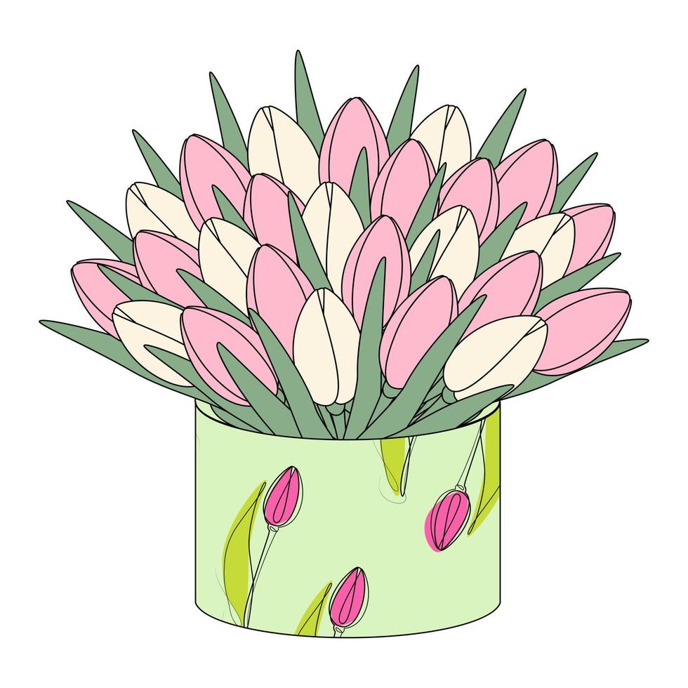 un gran ramo de coloridos tulipanes florecientes en una caja circular con un estilo plano de dibujos animados en tonos pálidos de moda. vector