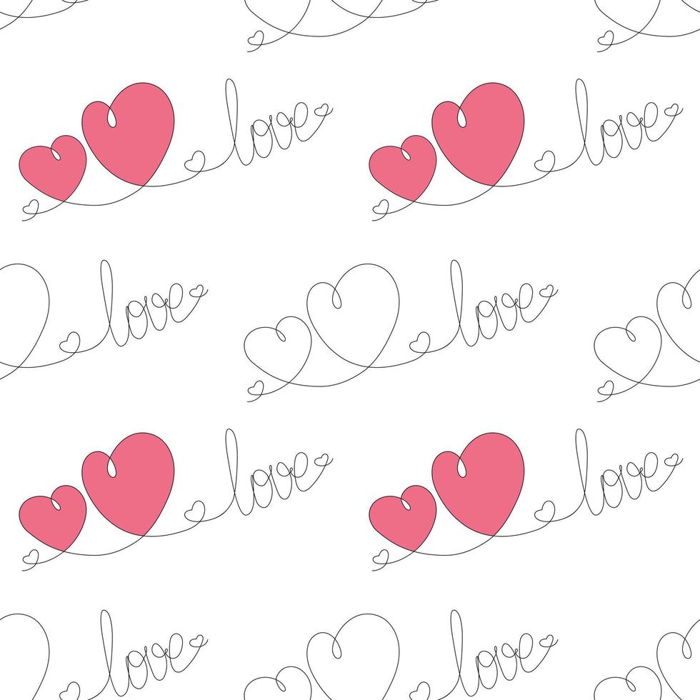 Continuous hand drawn line lettering love and two hearts side by side in trendy hue. Valentines day vector