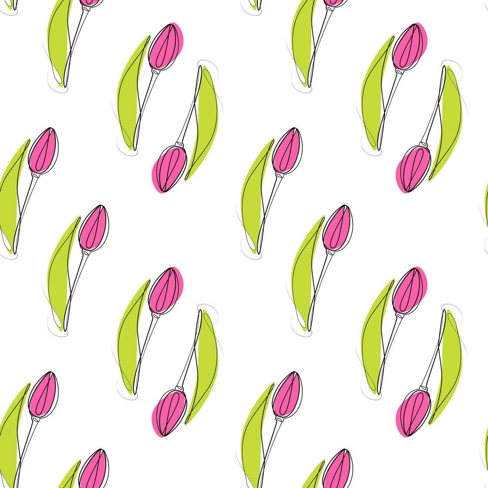 Endless pattern of Outline drawing of a tulip flower in one line with color spot in trendy shades vector