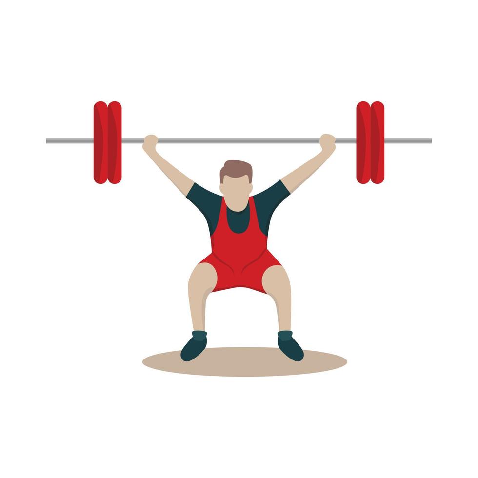 A weightlifting athlete wearing a red and black jersey. A weightlifter doing a squat. vector
