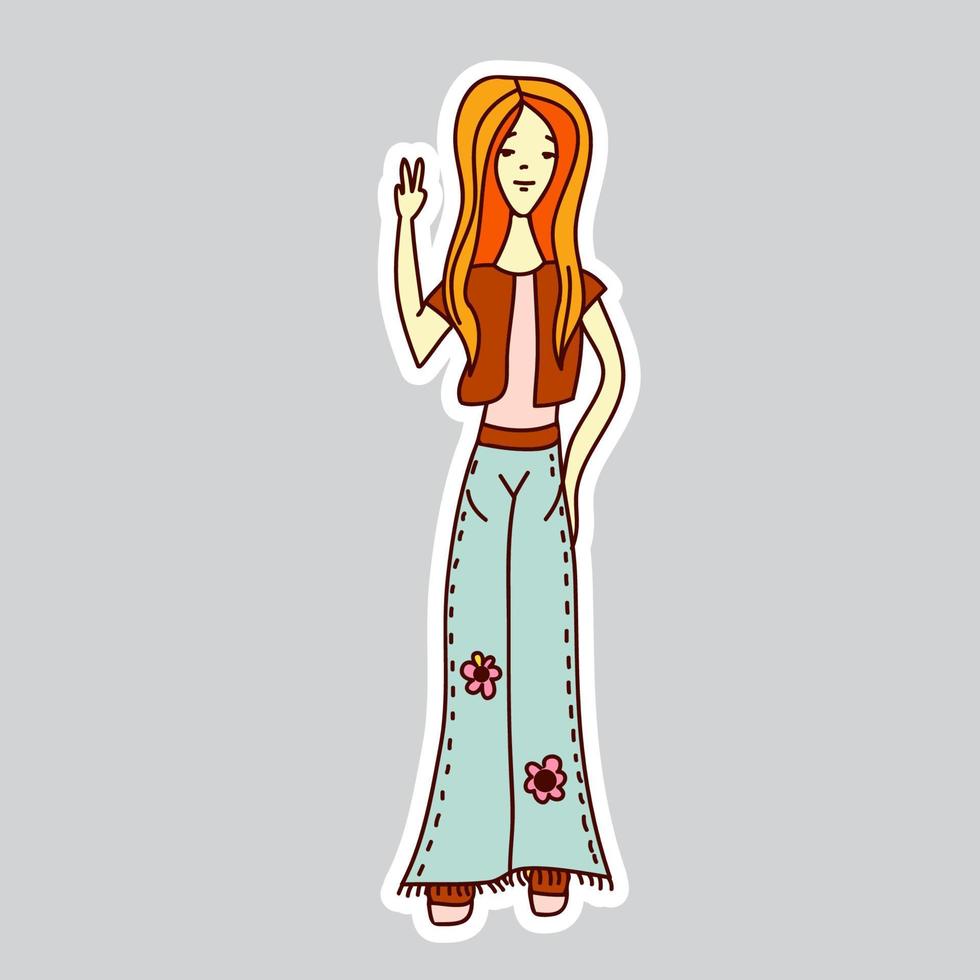 Etiqueta engomada del garabato del vector de los estilos de los años 70. chica hippie.