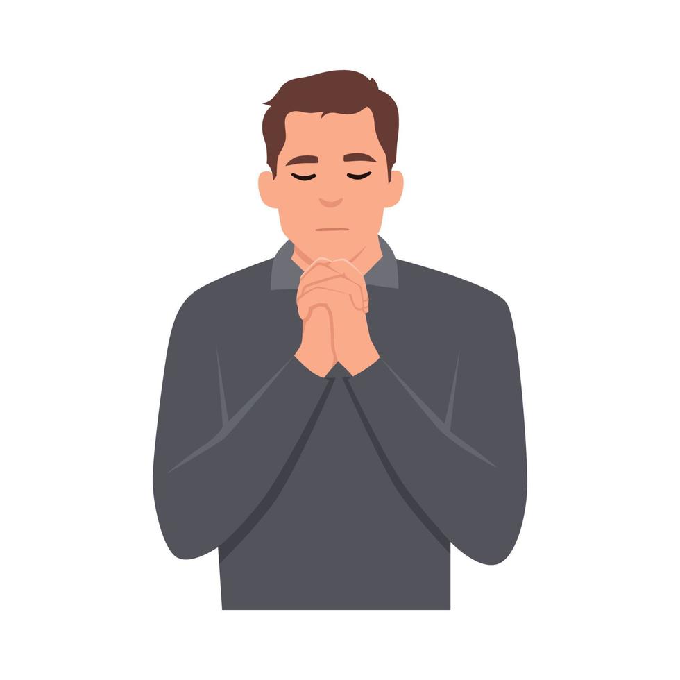 Young man holding hands praying and making worship, religious concept. Flat vector illustration isolated on white background