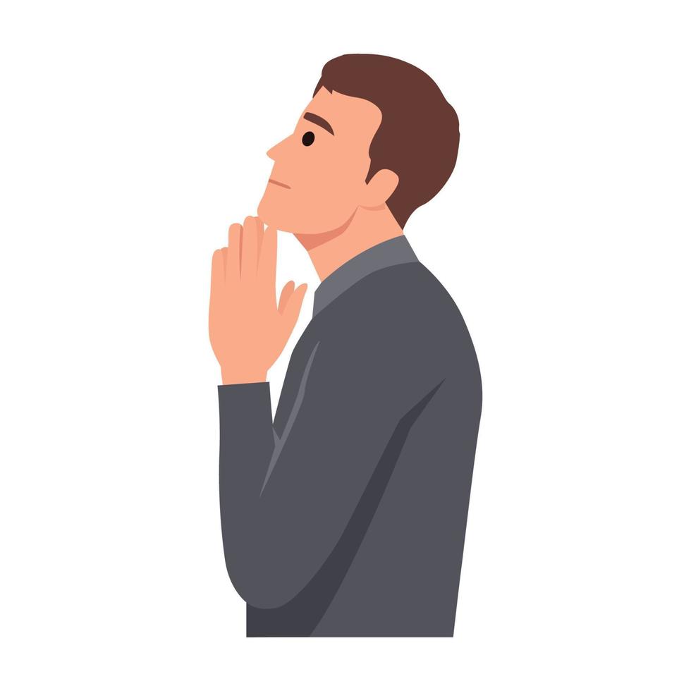 Young man begging and praying with hands together with hope expression on face very emotional and worried. Flat vector illustration isolated on white background