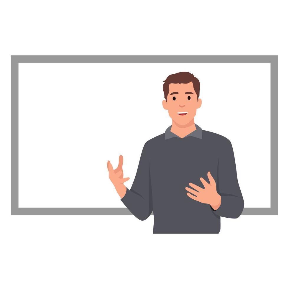 A vector illustration of business coach Talking in front of white board. Flat vector illustration isolated on white background