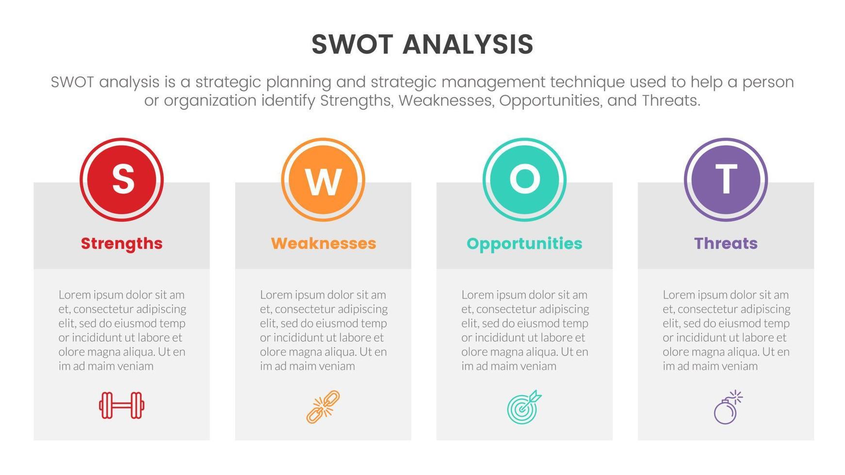 swot analysis for strengths weaknesses opportunity threats concept with table box for infographic template banner with four point list information vector