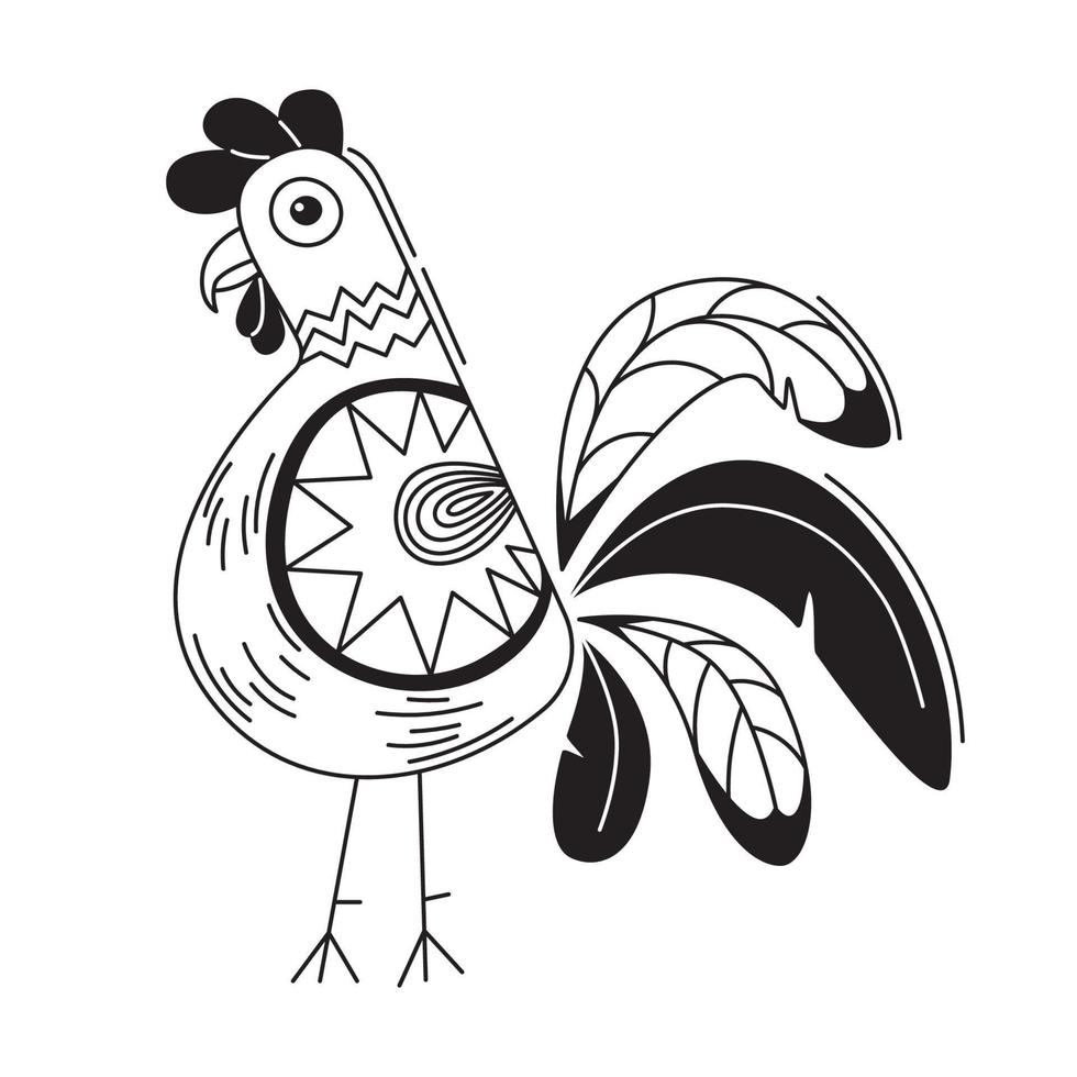 Cute rooster. Hand drawn bird in cartoon style. Line art doodle. Detailed ornamented illustration, with beautiful decorations for coloring book. Vector isolated on white background.