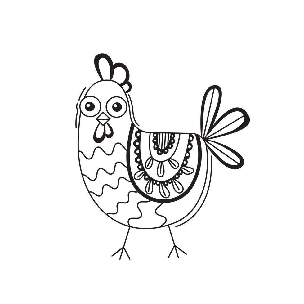 Cute chicken. Hand drawn bird in cartoon style. Line art doodle. Detailed ornamented illustration, with beautiful decorations for coloring book. Vector isolated on white background.