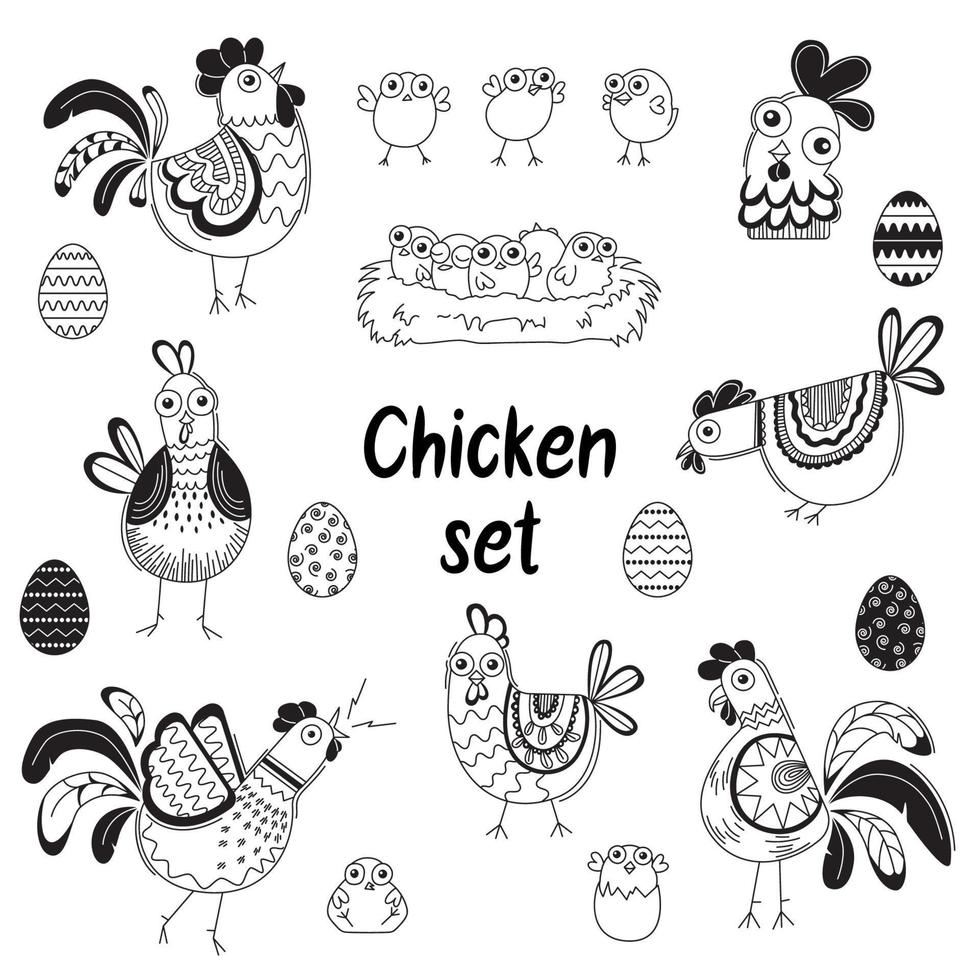 gallinas, pollos, gallos y huevos de gallina. arte de línea de pájaros dibujados a mano. ilustraciones de garabatos aisladas sobre fondo blanco. conjunto vectorial de pájaros para pascua, decoración, invitación, tarjetas. vector