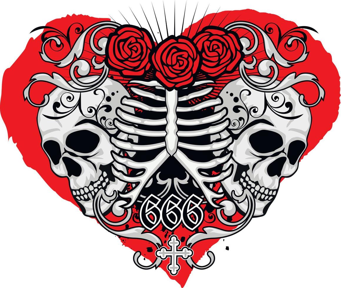 valentine skull with heart, grunge vintage design t shirts vector