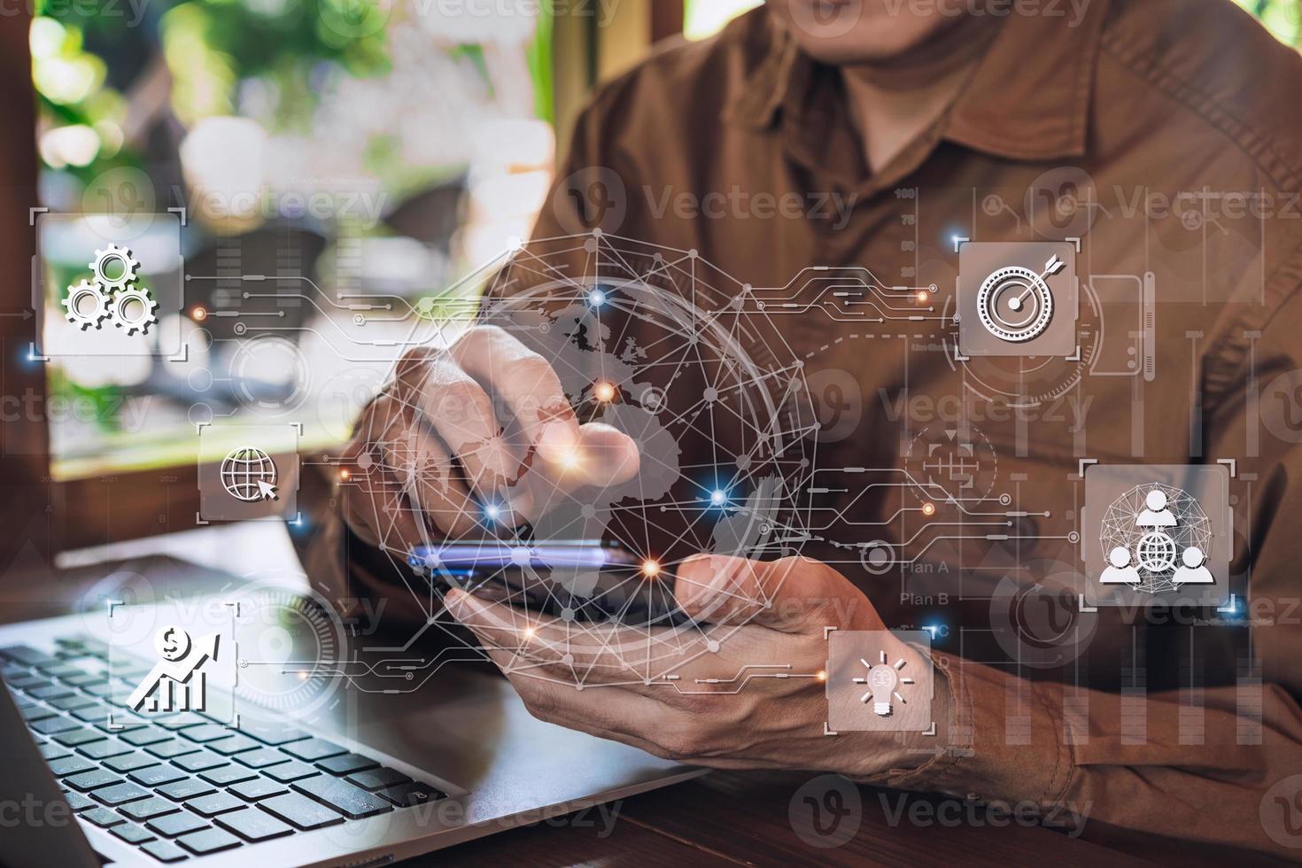 Businessman using smart devices for Digital technology connection and marketing, global internet network concept photo