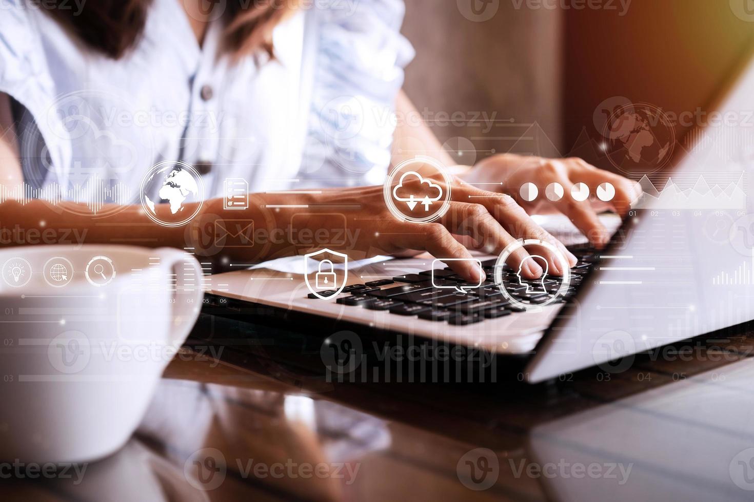 Creative young woman sitting and working on laptop at office, Digital marketing and Business Analytics and Data Management System concepts photo