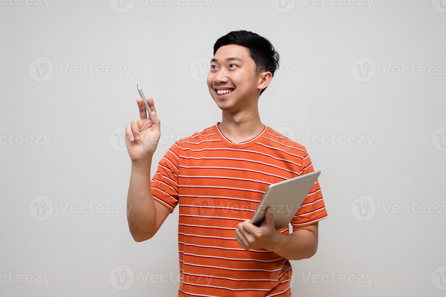 Positive asian businessman striped shirt hold tablet gesture checking about working isolated photo