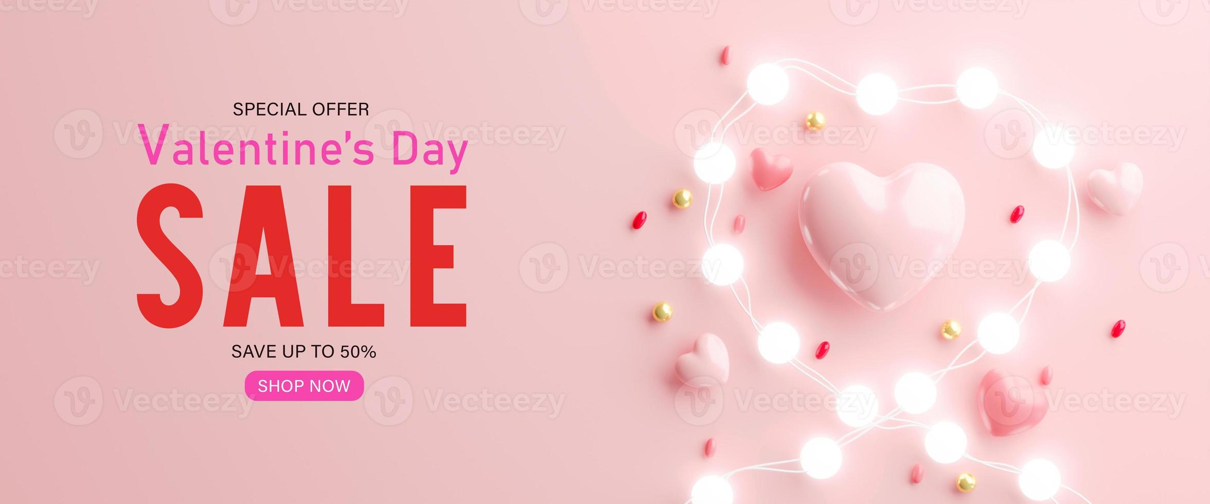 3d rendering.Valentines Day sale with heart shaped balloons, gift box and ball light decor. Holiday illustration banner. for valentine and mother day design photo