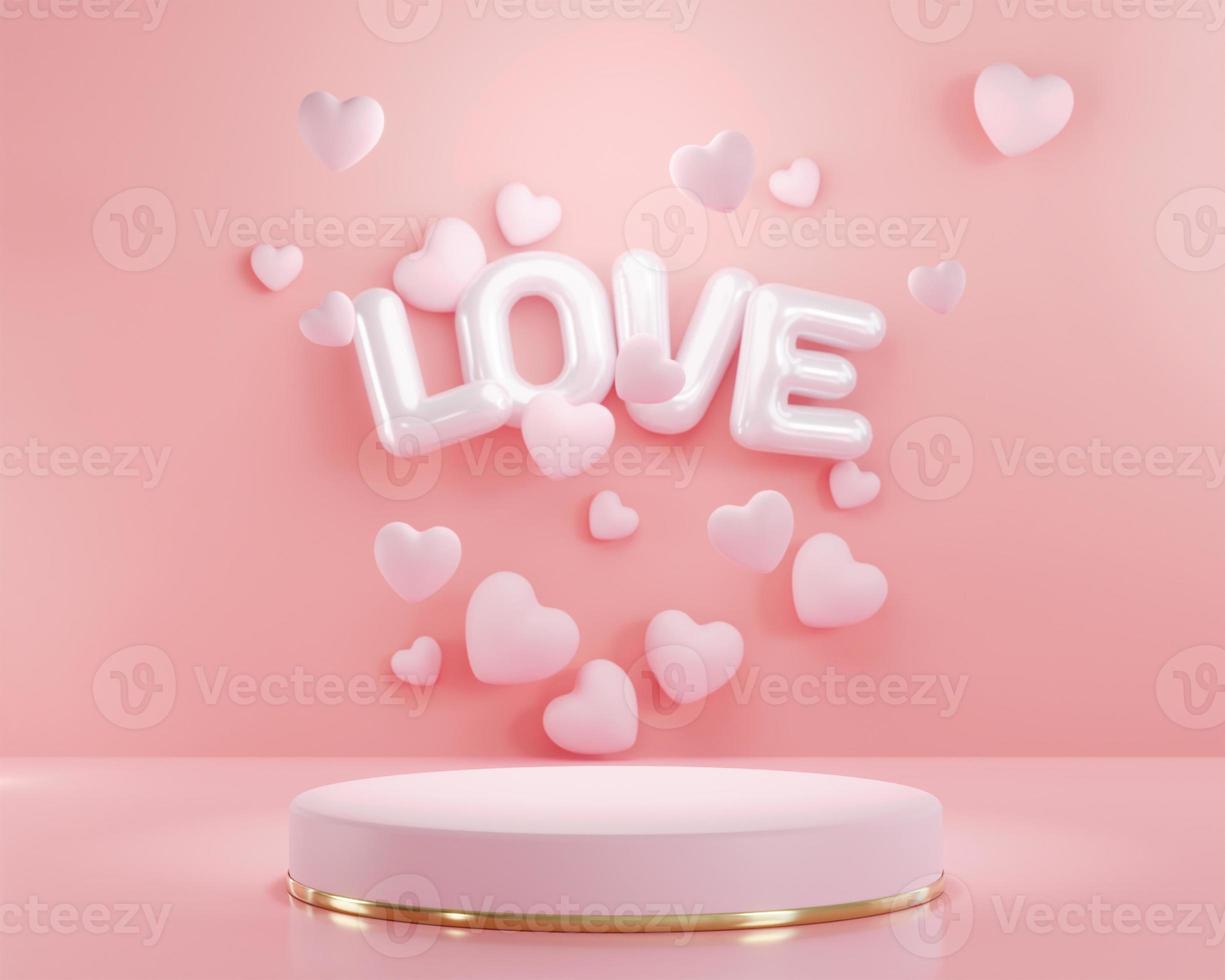 3d rendering. Letter L O V E pink heart and podium stand to show product display on pink color background. Abstract minimal geometric shapes backdrop for valentine day design photo