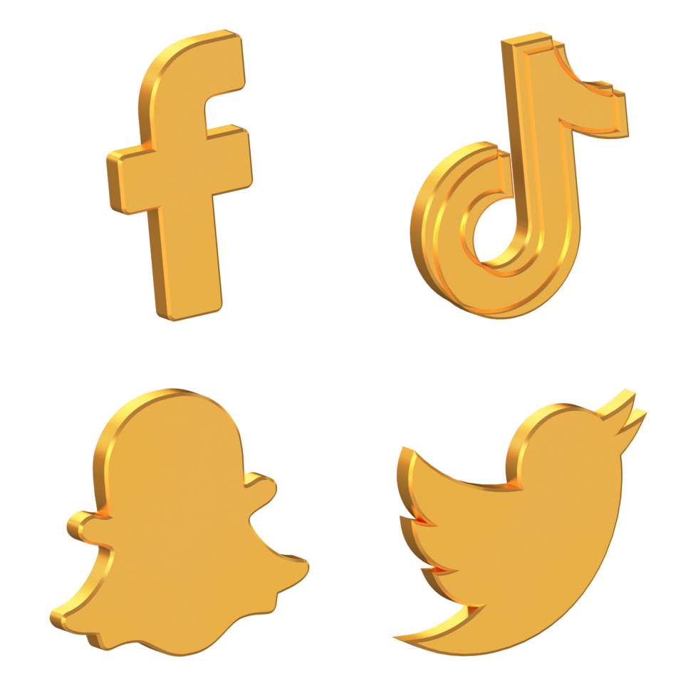 facebook, tiktok, snapchat und twitter-symbol isoliert mit transparentem hintergrund, goldener textur, 3d-rendering png