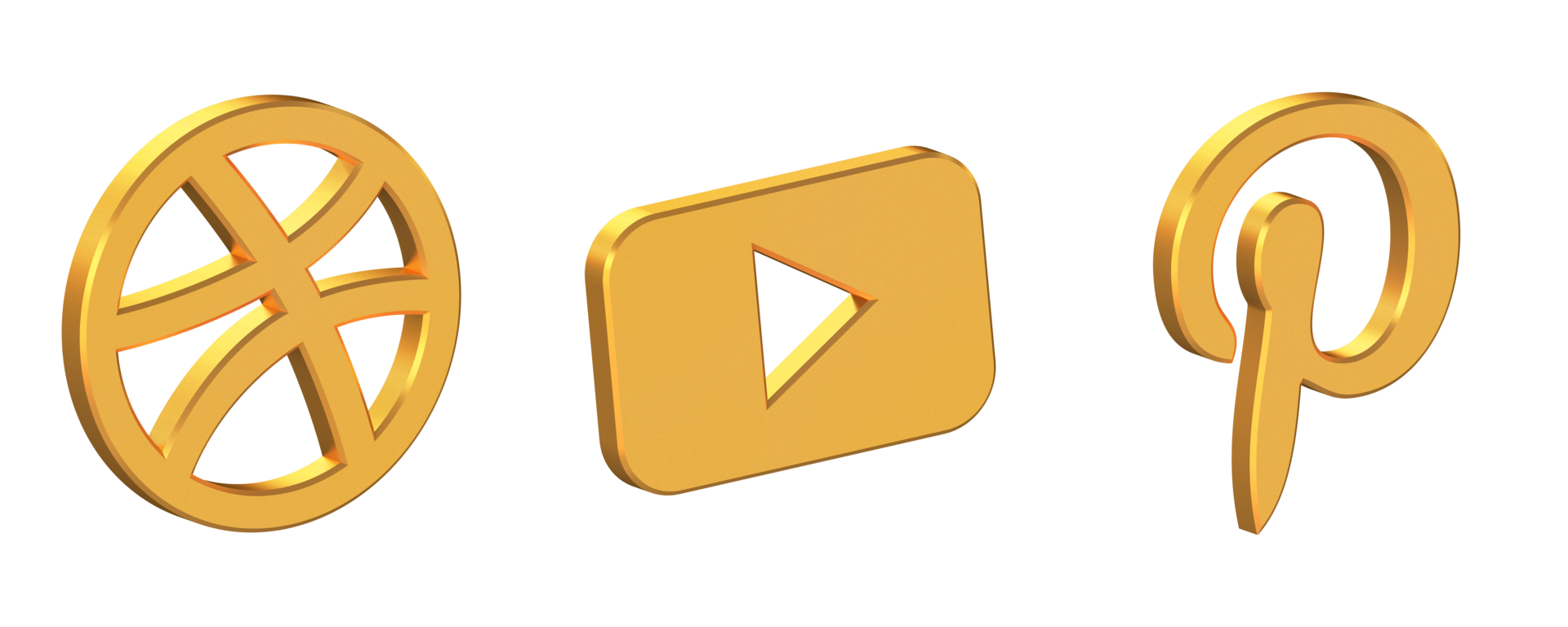 Dribble, YouTube and Pinterest Icon Isolated with Transparent Background, Gold Texture, 3D Rendering png