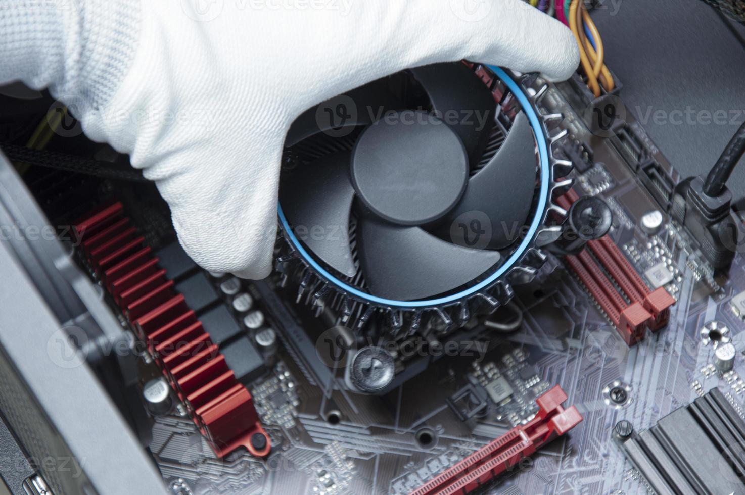 top view, mechanic putting on fan, computer photo