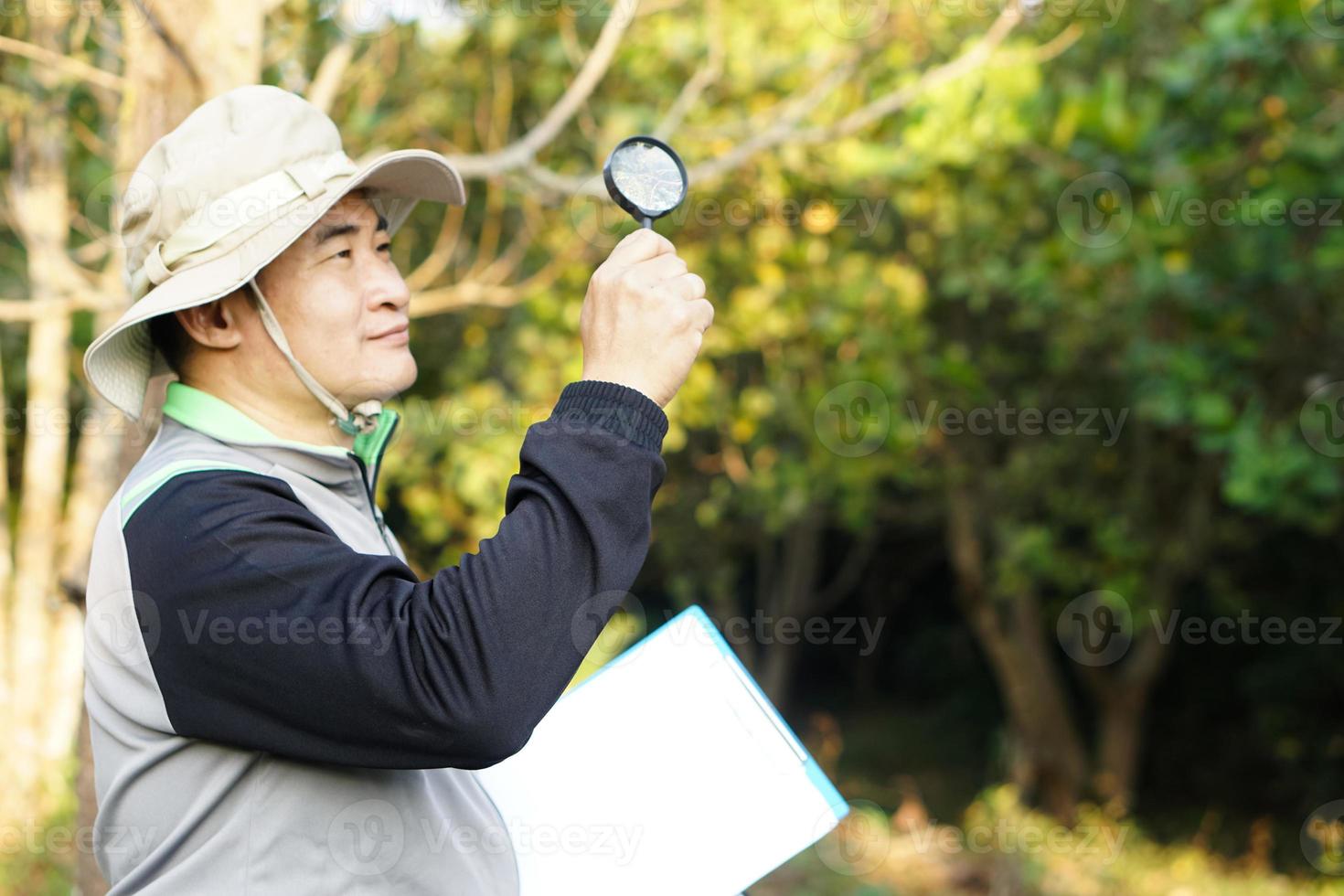 Handsome Asian man botanist is at forest to survey botanical plants, holds paper clipboard and magnifying glass. Concept, examine, explore, research, study about environment, plants and nature. photo