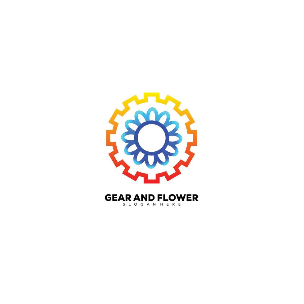 gear tech with flower design line logo colorful vector