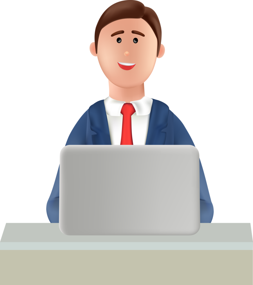 illustration of businessman sitting at desk using laptop. illustration of businessman working on laptop. Smiling worker working on laptop png