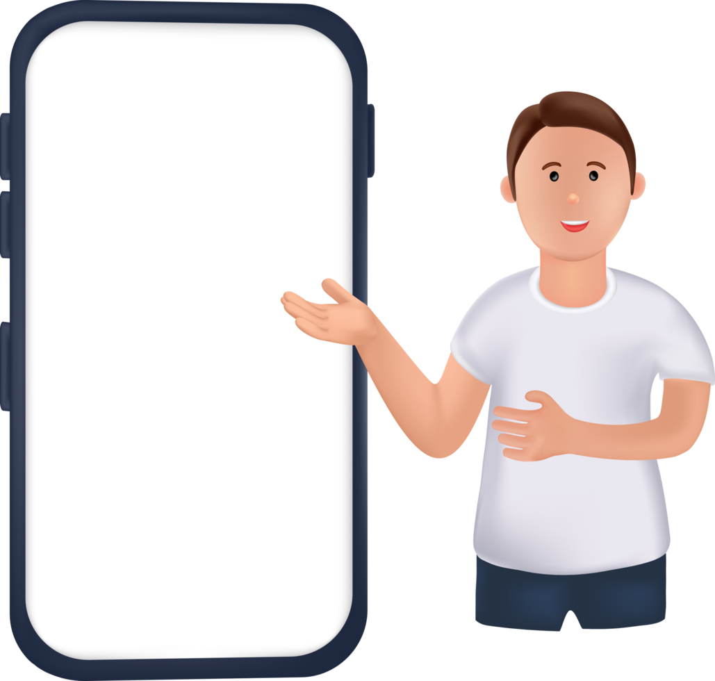 illustration portrait smiling young man with big phone. illustration  cartoon standing man with pointing finger at smartphone screen. young man makes a presentation on blank screen png