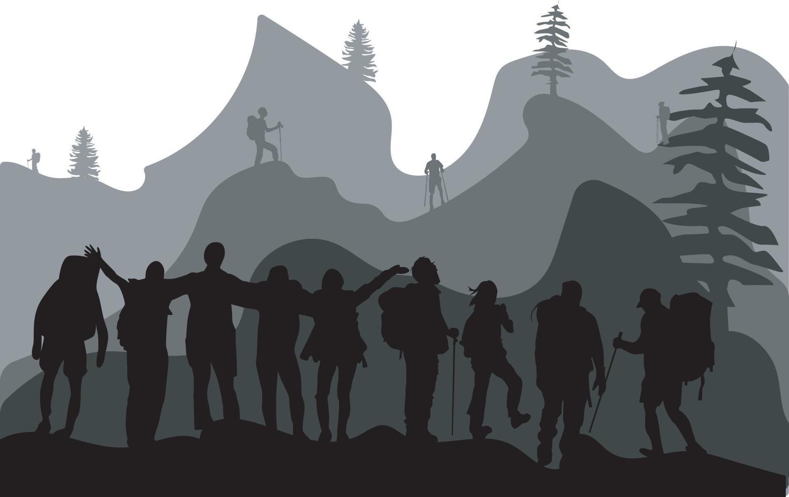 conjunto vectorial de siluetas de diferentes estilos de aventura para excursionistas y mochileros, escalada, camping, montaña, aislado en fondo blanco vector