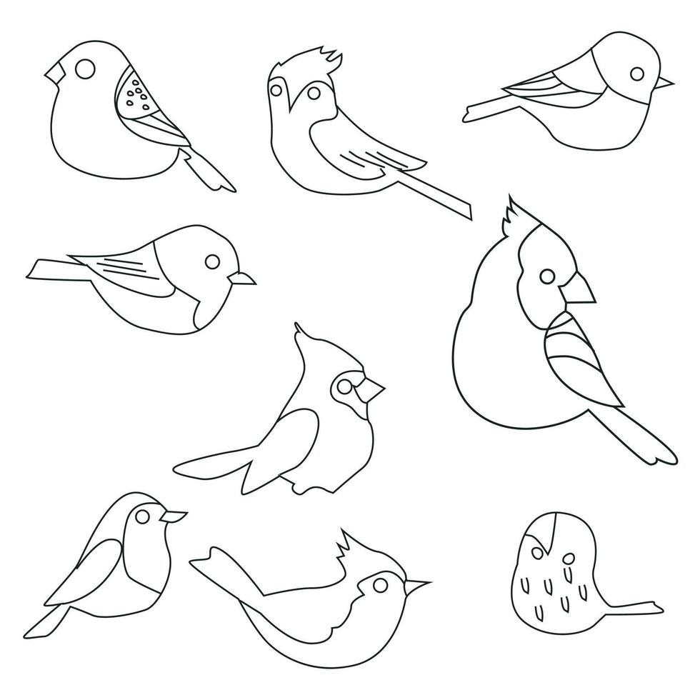 conjunto vectorial de silueta de pájaro en estilo plano varios estilos y formas se posan en una rama, vector de pájaro plano aislado en fondo blanco