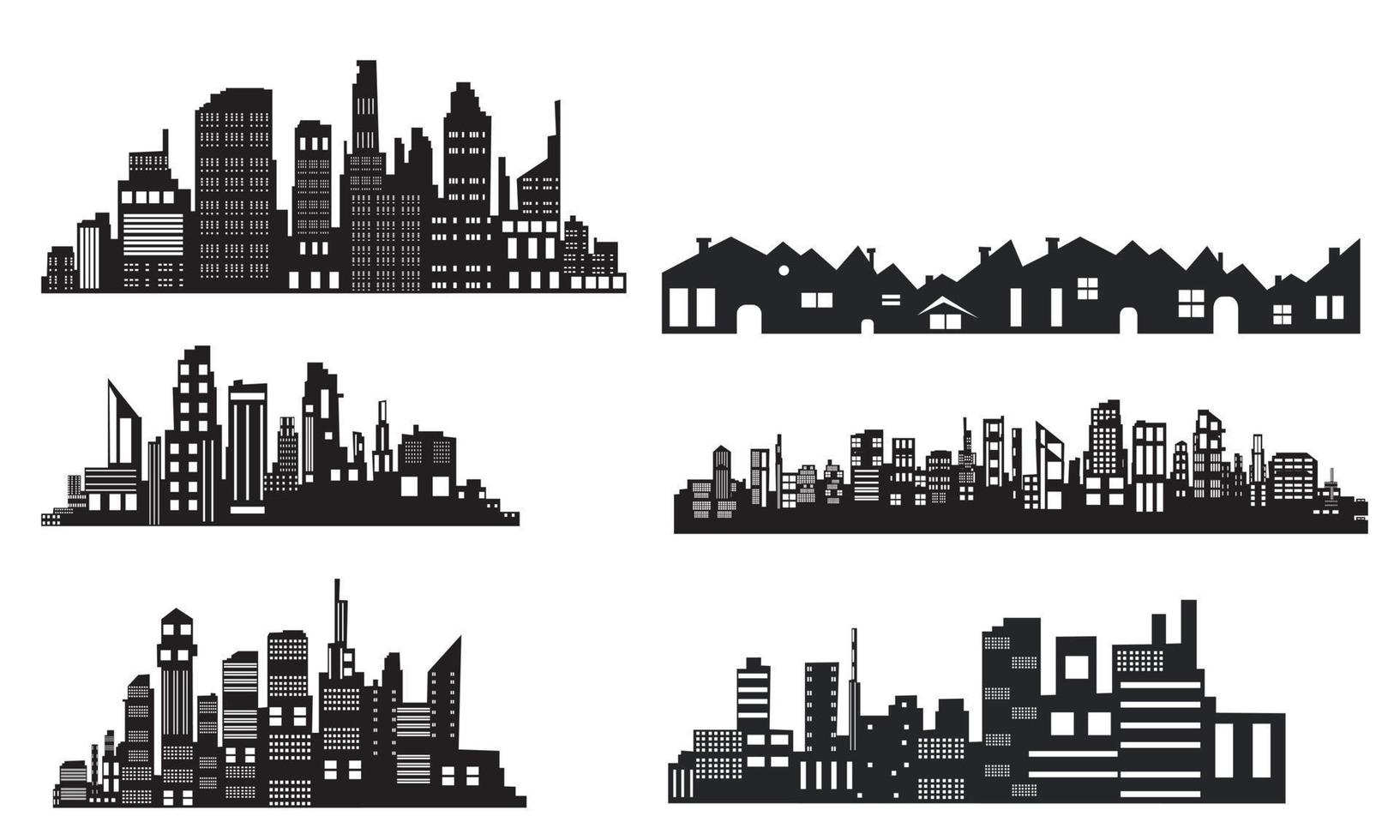 conjunto de silueta de ciudad en estilo plano. paisaje urbano moderno. ilustración vectorial ciudad rascacielos edificio oficina horizonte sobre fondo blanco vector