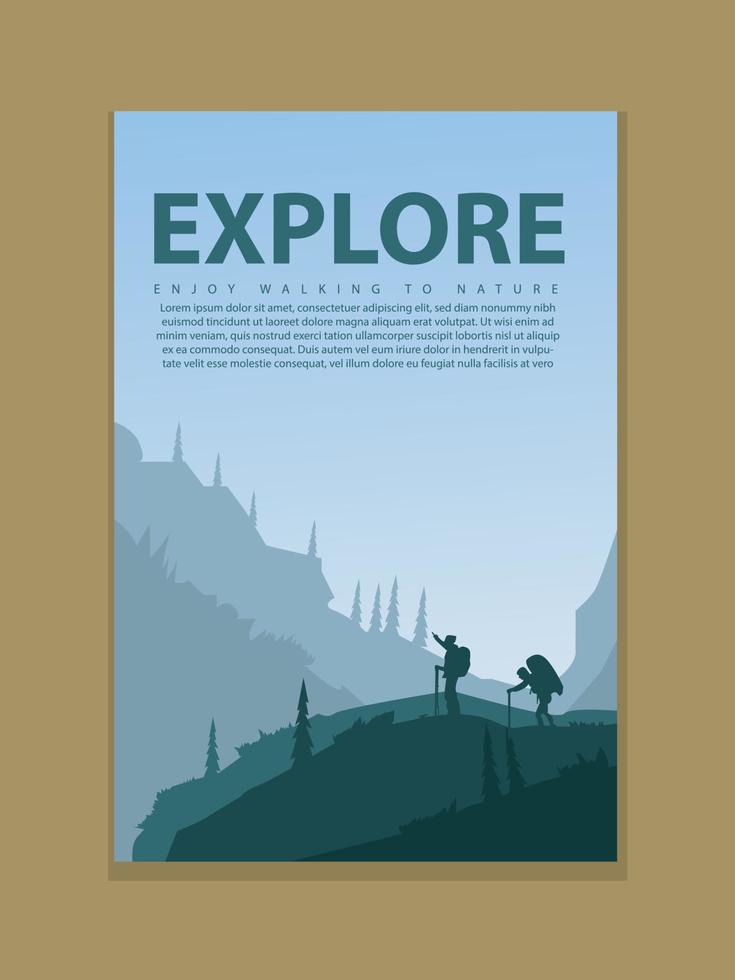 Vector brochure cards set. Travel concept of discovering, exploring and observing nature. Hiking. Adventure tourism. Flat design template of flyer, magazine, book cover, banner, invitation, poster.