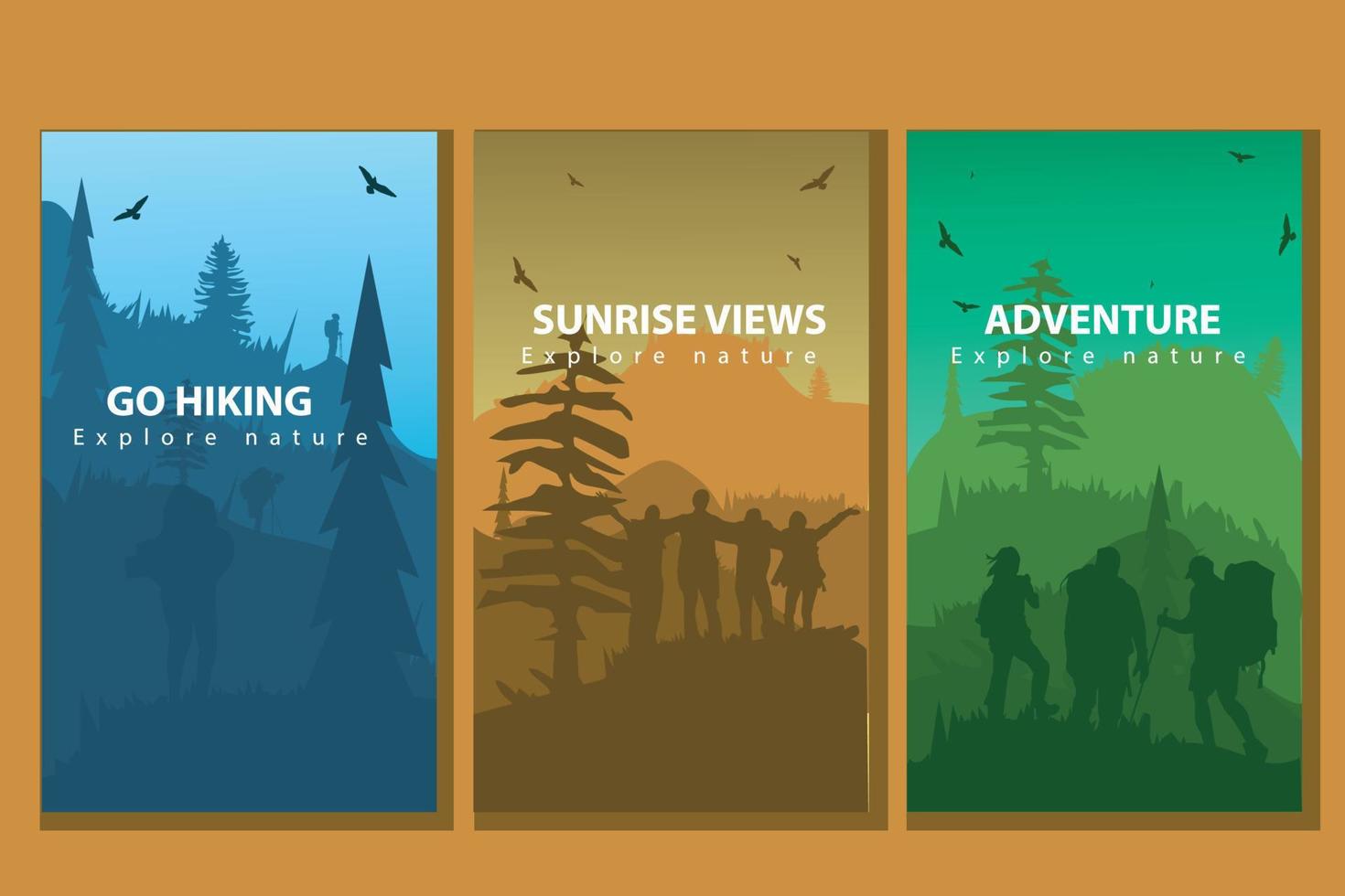 Vector brochure cards set. Travel concept of discovering, exploring and observing nature. Hiking. Adventure tourism. Flat design template of flyer, magazine, book cover, banner, invitation, poster.