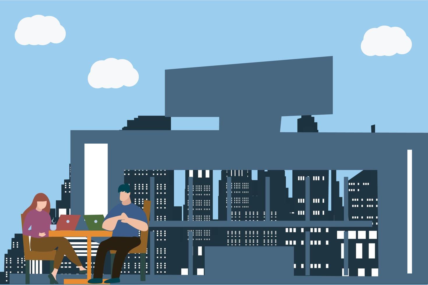vector flat illustration of two business people working remotely in a caffe casually drinking coffee and doing work. enjoying bussines, laptop, remote working