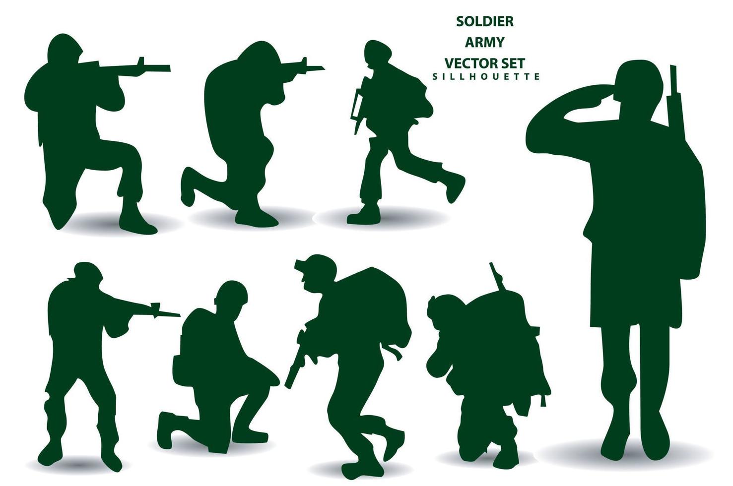 siluetas vectoriales de soldados grupo 1 equipo varios estilos sosteniendo armas, preparándose para la batalla, ropa verde aislada en fondo blanco vector