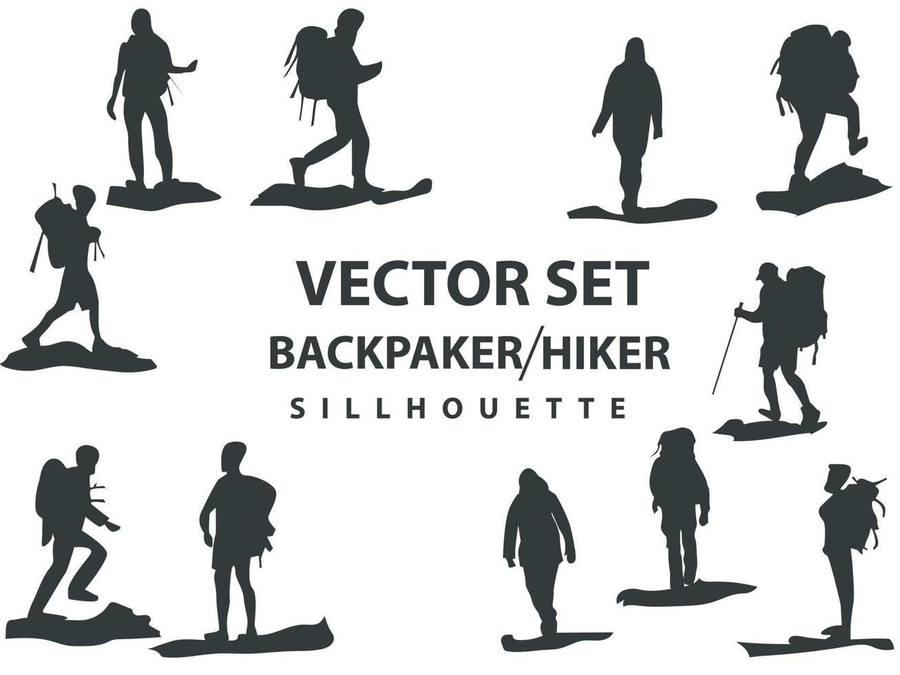 vector set of Hiker and backpaker adventure diferent style Silhouettes, climbing, camping, mountain, isolated on white background