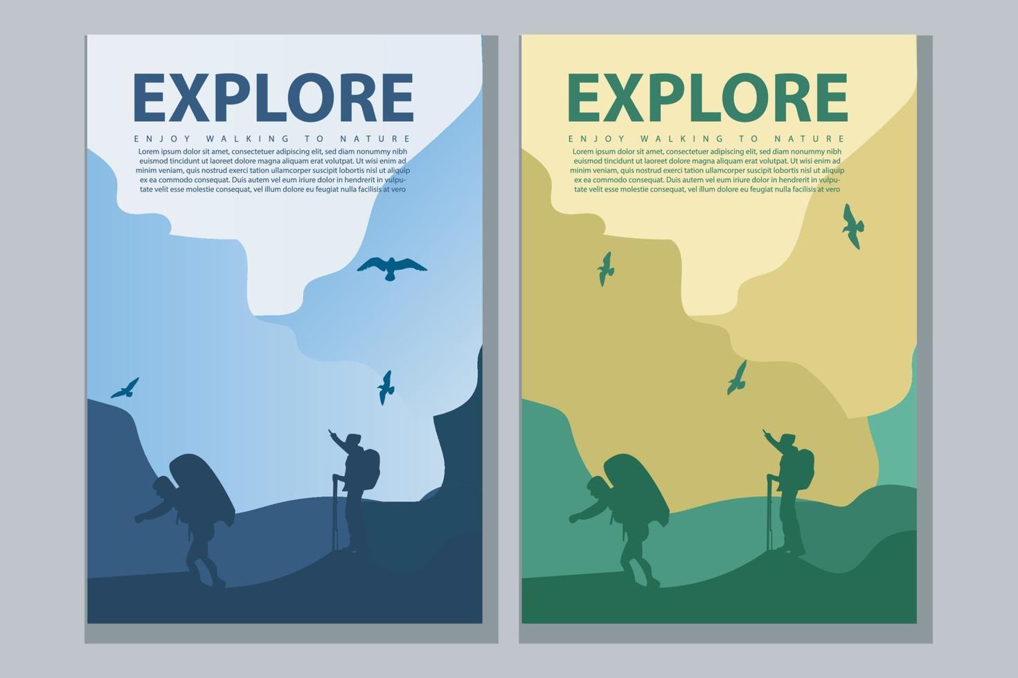 Vector brochure cards set. Travel concept of discovering, exploring and observing nature. Hiking. Adventure tourism. Flat design template of flyer, magazine, book cover, banner, invitation, poster.